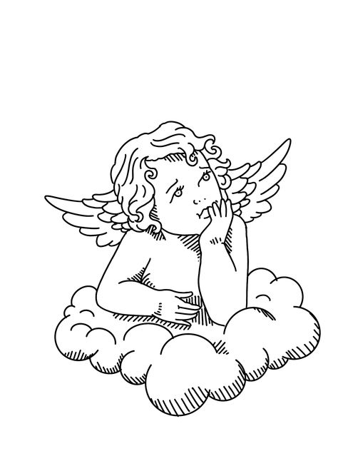 Angel On A Cloud Tattoo, Angel Line Art Tattoo, Angel Line Drawing, Angel Line Art, Tattoos Red Ink, Abstract Tattoo Ideas, Tattoo Dark, Cherub Tattoo, Cross Tattoos For Women