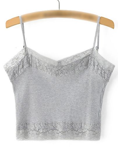 Grey Lace Trim Rib Spaghetti Strap Camis Top -SheIn(Sheinside) Mobile Site Gray Crop Top, Grey Crop Top, Top Shein, Grey Lace, Spaghetti Strap Tank Top, Lace Splicing, Women Tank Tops, Spaghetti Strap Top, Pinterest Fashion