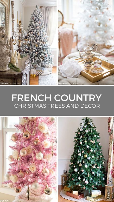 French Country Christmas Trees | Here are 20 beautiful ideas for decorating your holiday home in French Country style, using Christmas tree decorations and other holiday decor. -----> #designthusiasm #christmasdecorations #christmasdecorideas #christmasdecorationideas #holidaydecorideas #holidaydecoratingideas #holidaydecorations #frenchcountrychristmas #christmaslivingroom #christmastrees French Country Christmas Tree, Christmas Tree Inspiration White, French Country Christmas Decor, Shabby Chic Christmas Decorations, Country Christmas Trees, Chic Christmas Decor, French Country Christmas, Christmas Country, Tree Inspiration