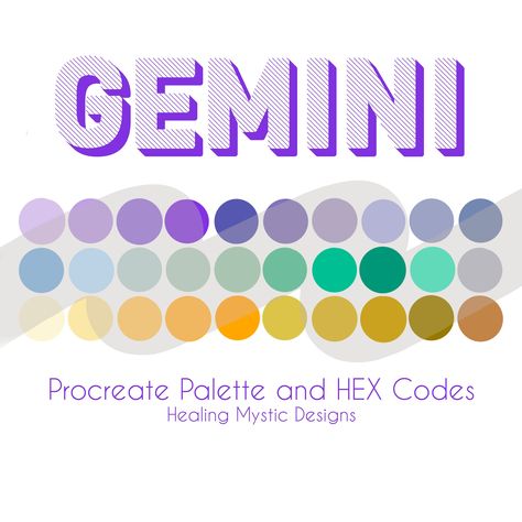 "This listing is for a Procreate Color palette called \"Gemini\" as well as the HEX codes for other artistic programs like Adobe illustrator. PREVIEW PHOTO SHOWN  You will receive the full colors upon purchase. Colors inspired by the Gemini Horoscope, based off of its ELEMENT, SPIRIT COLORS, LUCKY GEM AND FLOWER. ★WHAT'S INCLUDED★ 1 swatch file 1 PDF of HEX Codes ------------------------------ * You need to have the latest version of the Procreate app in order for the files to import properly. C Zodiac Games, Gemini Palette, Meadow Aesthetic, Gemini Signs, Procreate Tools, About Gemini, Gemini Color, Zodiac Signs Colors, Justice Tattoo