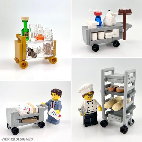 Jesse on Instagram: “Carts🍸 Roll into #furniturefriday with a variety of carts! Featuring a mail cart, bar cart, bakery rack cart, and a hotel cleaning cart 🧹…” Mail Cart, Cleaning Cart, Cart Bar, Easy Lego Creations, Lego House Ideas, Lego Furniture, Lego Accessories, Hotel Cleaning, Micro Lego