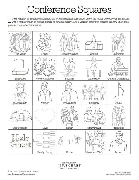 LDS general conference squares Lds Conference Activities, Conference Bingo, General Conference Activities For Kids, Lds General Conference Activities, General Conference Packets, General Conference Activities, Lds Coloring Pages, Lds Conference, Activity Day Girls