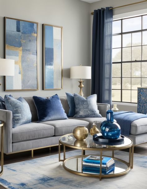 Gray Meets Blue: 43 Unforgettable Living Room Designs To Envy Navy Blue Grey Gold Living Room, Blue Gray Gold Living Room, Navy Blue And Gold Living Room Decor, Navy Living Room Accents, Blue Office Decor Ideas, Light Blue Living Room Color Scheme, Grey Living Room Ideas With Pop Of Color, Gray And Gold Living Room, Gray And Blue Living Room