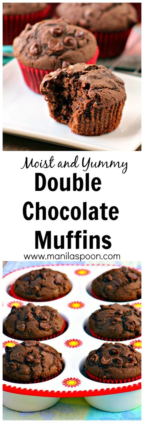 Double the chocolate equals pure chocolate bliss - Double Chocolate Chip Muffins! Perfect for breakfast or as a snack! Cocoa Powder Muffins, Double Chocolate Chip Muffins, Brunch Foods, Double Chocolate Muffins, Kids Baking, Muffins Recipes, Food Wishes, Chocolate Chip Muffins, Chocolate Muffins