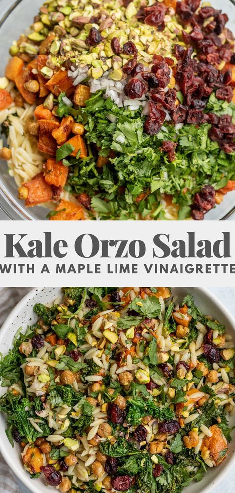 This Kale Orzo Salad is a festive combo of roasted veggies, pistachios, dried cranberries and lots of herbs dressed in a maple lime vinaigrette. Easy to prep in advance for meals and pretty enough to entertain with. Kale Salad Recipes With Strawberries, Roasted Veg Orzo Salad, Orzo Vegetable Salad, Fall Orzo Salad Recipes, No Dairy Salad, Side Salad Recipes For Party, Kale Lunch Ideas, Lacinato Kale Salad, Best Fall Salads