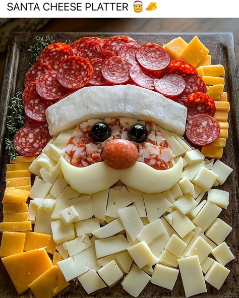 Charcuterie Santa Board, Cracker And Cheese Platter Ideas Christmas, Santa Claus Veggie Tray, Holiday Food Trays, Santa Meat And Cheese Board, Grazing Board Ideas Christmas, Santa Appetizers Holidays, Santa Cheese And Cracker Tray, Santa Cheese Tray