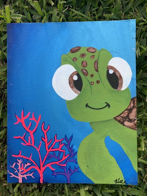 Nemo Painting Easy, Turtle Painting Easy, Sea Turtle Painting, Animal Paintings Acrylic, Cute Easy Paintings, Painted Canvases, Children Drawing, Cute Painting, Cartoon Turtle