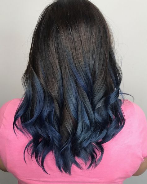 Brunette Hair With Blue Tips, Short Brown And Blue Hair, Blue Highlights In Brown Hair Short, Brown To Blue Ombre Hair, Brown Hair Blue Highlights, Brown Hair With Blue Highlights, Blue Highlights In Brown Hair, Brown Hair With Blue, Blue Tips Hair