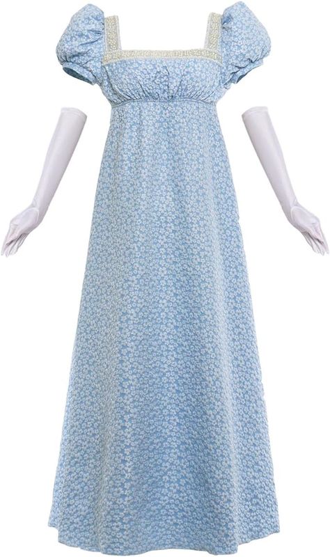 Amazon.com: Regency Dress Women Empire Waist Floral Regency Era Costume Jane Austen Tea Party Victorian Ball Gown with Gloves, Blue, Large : Clothing, Shoes & Jewelry Authentic Fashion Style, Regency Era Outfit, Dti Medieval, Ball Gown With Gloves, Jane Austen Outfits, Modern Regency Fashion, Regency Era Dress To Impress, Regency Blue Dress, Mediviel Era