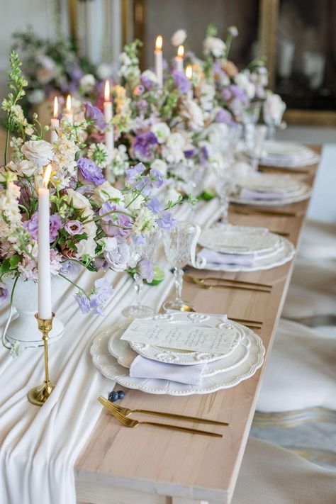 The Loveliest Explosion Of Lilac And Lavender Lavender Table Scape, Lilac Fall Wedding, Lavender Reception Decorations, Spring Lilac Wedding, Light Purple Wedding Colors, Lavendar Wedding Color Schemes, Lavender Wedding Florals, Sage And Lilac Wedding, Long Table Wedding Centerpieces