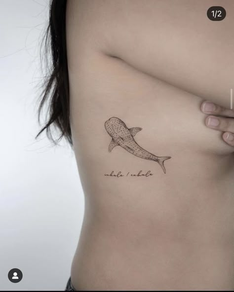 Simple Whale Tattoo Design, Whale Shark Tattoo Placement, Whale Shark Rib Tattoo, Cute Whale Shark Tattoo, Whale Shark Tattoo Ideas, Comforting Tattoos, Shark Whale Tattoo, Small Whale Shark Tattoo, Dainty Shark Tattoo