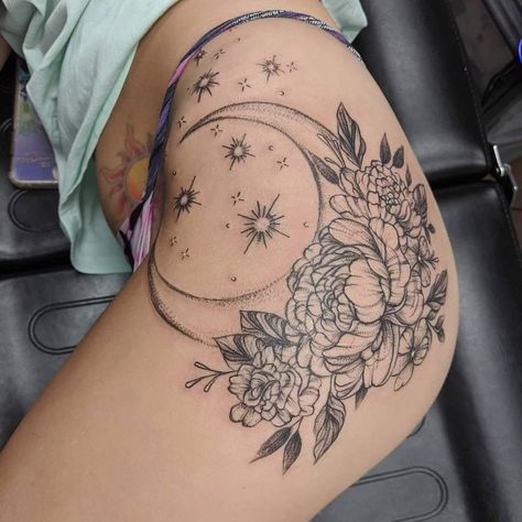 Moon And Flowers Tattoo, Woman Tattoo Artist, Page Tattoo, Flower Hip Tattoos, Bull Tattoo, Side Thigh Tattoos, Cute Thigh Tattoos, Whimsical Tattoos, Flower Thigh Tattoos