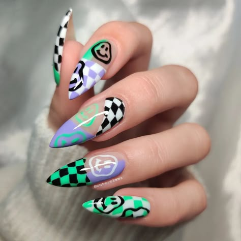 80 Best Summer Nail Art Inspirations You Should Try - Neon Nails With Design, Rare Nail Designs, Glitch Nails, Crazy Nail Art Unique, Trippy Nails, Rave Nails, Nail Design Glitter, Funky Nail Art, Hippie Nails