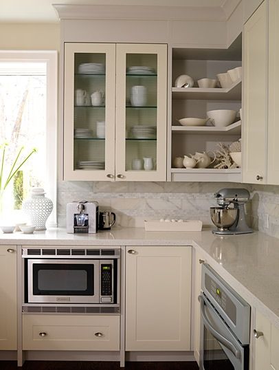 open corner shelving option Sneak Peak at my Kitchen Make Over Solution for Open Shelves Cream Colored Kitchen Cabinets, Kitchen Corner Shelves, Cream Kitchen Cabinets, Ivory Kitchen, Kitchen Shelving, Corner Storage Cabinet, Kitchen Wall Shelves, Corner Kitchen Cabinet, Kabinet Dapur