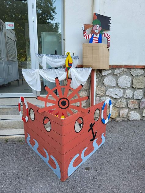 Diy Ships Wheel, Pirate Ships Diy, Cardboard Pirate Ship, Pirate Wreath, Pirate Decorations, Pirate Props, Cardboard Boat, Pirate Toys, Play Props