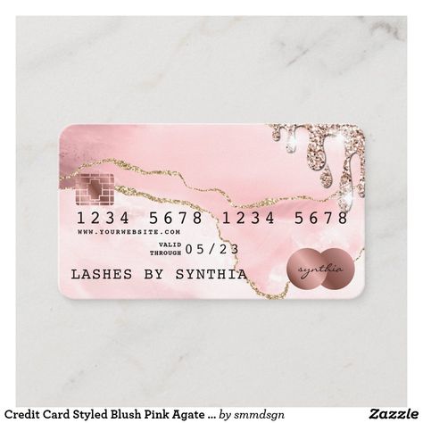 Business Card Credit Card Design, Pink Credit Card, Lash Decor, Debit Card Design, Gold Credit Card, Cute Business Cards, Credit Card Design, Beauty Business Cards, Business Credit Cards