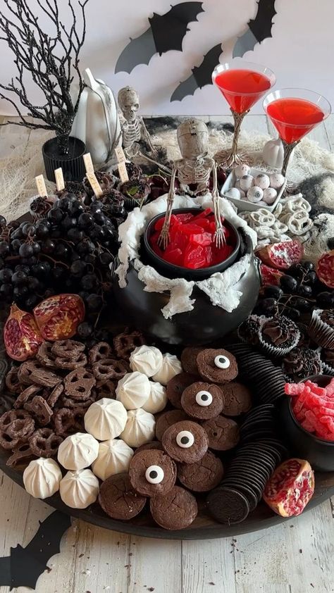 do you like dessert tables Spooky 60th Birthday, Victorian Themed Halloween Party, Conjuring Theme Party, Wednesday Charcuterie Board, Spooky Bachelorette Party Food, Jackolantern Charcuterie, Gothic Candy Bar, Horror Tea Party, Masquerade Party Snacks