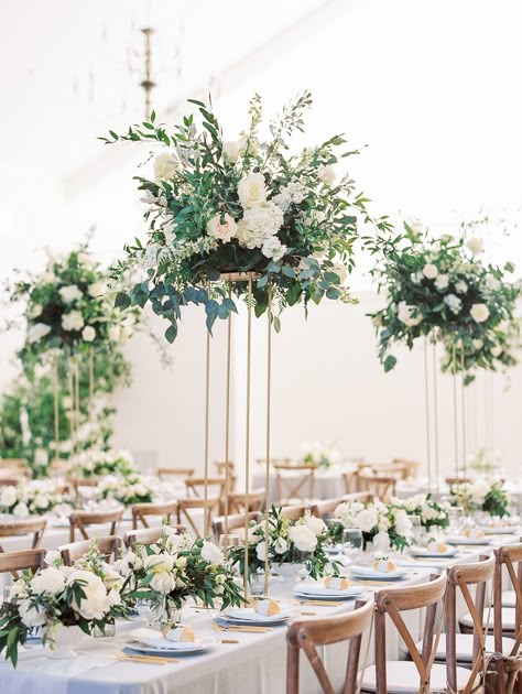 The Grandeur House Wedding with a Modern Farmhouse Style Used Wedding Decor, Tall Wedding Centerpieces, Flowers And Greenery, Unique Wedding Flowers, Flower Centerpieces Wedding, Wedding Table Decorations, Long Table, Wedding Flower Arrangements, Wedding Table Centerpieces