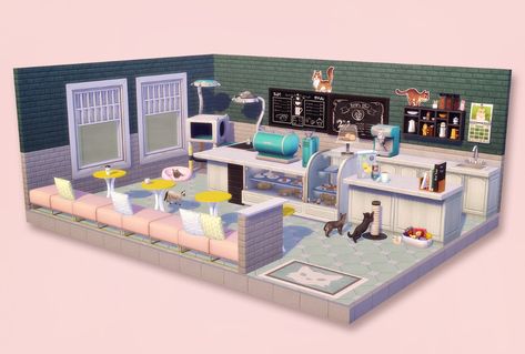 Cat Cafe Layout, Sims 4 Cat Cafe, Sims 4 Cafe Interior, Sims4 Ideas, Sims4 House, Sims 4 Houses Layout, Sims Inspiration, Sims 4 Challenges, Building Inspiration