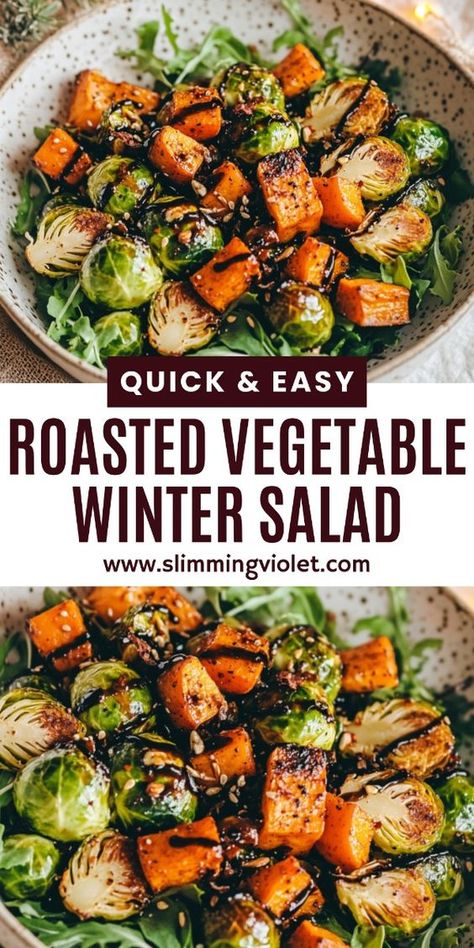 Warm up your winter meals with this roasted vegetable salad! Combining seasonal veggies with a light dressing, this dish brings warmth and comfort to your table. Save this recipe for a perfect side or main dish that celebrates the season's flavors. Roasted Veggie Salad, Root Vegetables Recipes, Warm Salad Recipes, Vegetable Side Dishes Healthy, Winter Salad Recipes, Roasted Vegetable Salad, Seasonal Veggies, Winter Salads, Vegetable Salad Recipes