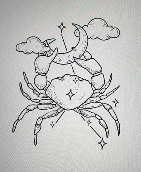 July constellation, crab, moon sign Moon Crab Tattoo, Crab Lion Tattoo, Moon And Crab Tattoo, Crab Moon Tattoo, July Inspired Tattoos, Crab And Moon Tattoo, Cancerian Crab Tattoo, Cancerian Constellation, Crab Drawing Simple