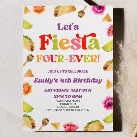 Four Esta Birthday, Fiesta Four Ever Birthday, Forth Birthday Themes, Girl Fourth Birthday Party Ideas, Four Birthday Theme Girl, 4 Yr Birthday Ideas, Four Birthday Party Ideas, 4 Birthday Theme, 4 Year Birthday Party Ideas Girl