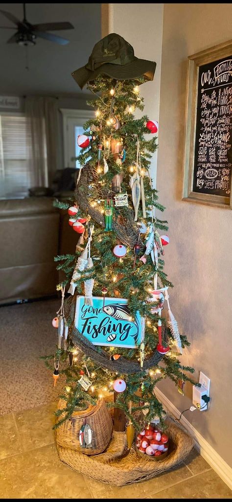 Lake Life Christmas Tree, Fishing Lure Christmas Tree, Fishing Rod Christmas Tree, Lake Theme Christmas Tree, Fishing Tree Christmas, Camping Theme Christmas Tree, Man Cave Christmas Decor, Fishing Christmas Tree Ideas, Duck Hunting Christmas Tree