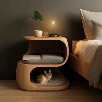 Pet Home Design Curved Wood Bedside Table Cat Nest House Multifunctional Cat Bed - AliExpress