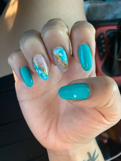 Turquoise Nails With Gold Foil, Summer Nails Gold Flakes, Marble Turquoise Nails, Light Blue Marble Nails With Gold Flakes, Nail Designs Foil Flakes, Blue Nails With Foil Flakes, Teal And Gold Nail Ideas, Turquoise Spring Nails, Nail Ideas With Gold Flakes