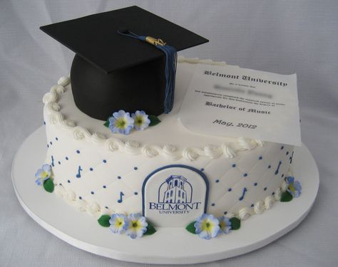 Mortarboard Belmont University Graduation | by Cake Diane Custom Cake Studio (eyedewcakes) Belmont University, University Graduation, Cake Studio, Edible Ink, Wafer Paper, Graduation Cakes, Musical Notes, Custom Cake, Grad Parties