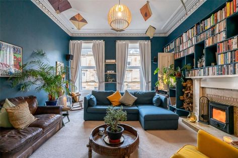 Wall Of Books, Brick Living Room, Teal Living Rooms, Flat Decor, Victorian Interiors, Colourful Living Room, 3 Bedroom Apartment, Apartment For Sale, Home Bathroom