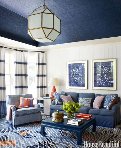 Nautical Theme Living Room, Blue Grasscloth, Nautical Decor Bedroom, Blue Ceiling, Blue And White Living Room, Navy Blue Living Room, Nautical Living Room, Nautical Room, Carolina House