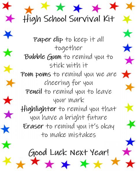 I created a high school survival kit for my 8th graders as a fun little end of the year gift. Year 6 Farewell Ideas, End Of Year Gifts For Students High School, Student Survival Kit Gifts, Goodie Bags For High School Students, Grade 7 Farewell Ideas, Year 6 Graduation Gift Ideas, Year 6 Graduation Gifts, Highschool Survival Kit Gift Ideas, Senior Year Survival Kit