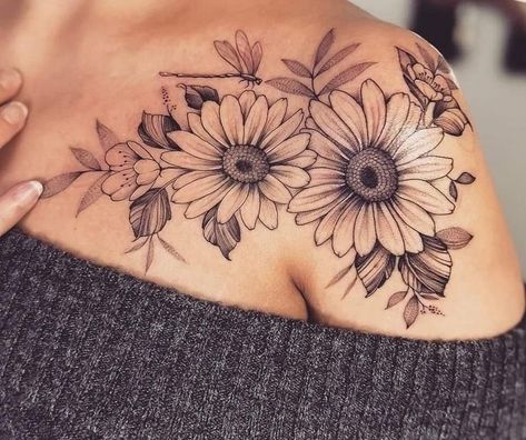 Sunflowers Shoulder Tattoo, Women Flower Shoulder Tattoo, Daisy Hip Tattoos Women, Flower Quarter Sleeve Tattoo, Two Daisies Tattoo, Dragonfly Tattoo Sleeve, Sunflowers Tattoo Ideas, Sunflower Shoulder Tattoos For Women, Daisy Tattoo Designs Vintage