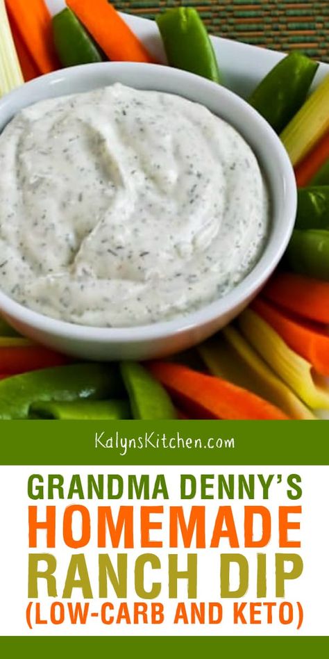 Grandma Denny’s Homemade Ranch Dip was a family favorite long before we ever heard of Ranch Dressing and my family loves this low-carb and Keto dip! [found on KalynsKitchen.com] #LowCarbRanchDip #KetoRanchDip #GrandmasRanchDip Keto Dips For Vegetables, Keto Ranch Dip, Keto Dip, Greek Yogurt Ranch Dip, Keto Dips, Ranch Dip Recipe, Homemade Ranch Dip, Wheat Belly Recipes, Keto Salads