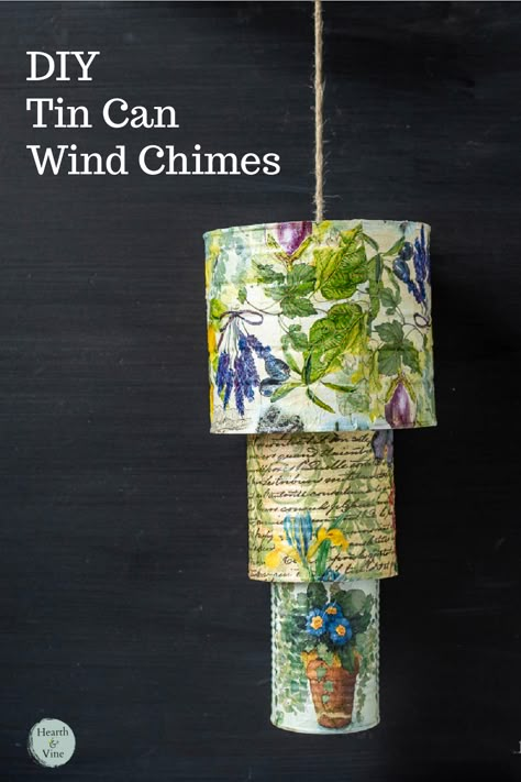 Make your own wind chimes with tin cans and your favorite napkins Tin Can Wind Chimes, Carillons Diy, Wind Chimes Homemade, Wind Chimes Craft, Tin Can Art, Aluminum Can Crafts, Tin Can Crafts, Diy Wind Chimes, Tin Cans