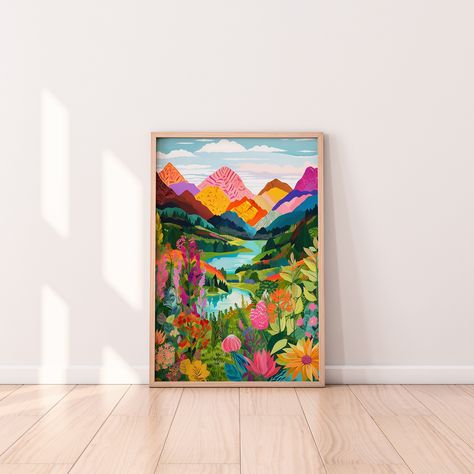 Long Abstract Painting, Green Art Ideas, Artwork Colorful, Abstract Art Acrylic, Mountain Artwork, Scenery Art, Abstract Mountain, Living Room Prints, Art Et Illustration