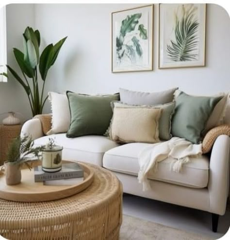 White Beige Green Living Room, White Couch Green Pillows, Neutral Sofa Living Room Color Schemes, Beige Sofa Green Cushions, White Couch Green Accents, Living Room With Sage Green Accents, Green Apartment Aesthetic, Cheap Couches, Tan Living Room