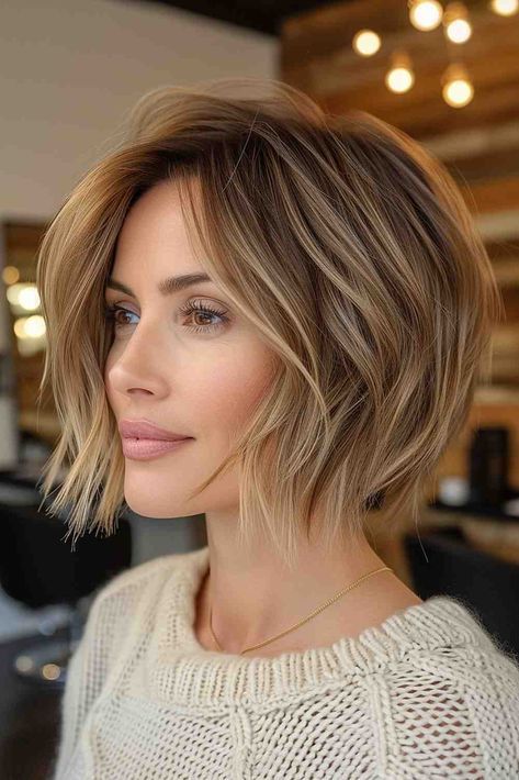 Shoulder Length Hair Over 40 Over 40, Blond Grey Highlights, Summer Colors Hair, Summer 2024 Bob Hairstyles, Bob Hairstyles Blonde Highlights, Dark Blonde Hair Bob, Dark Blonde Bob Hairstyles, Bronde Bob Short, Chop Bob Hairstyles