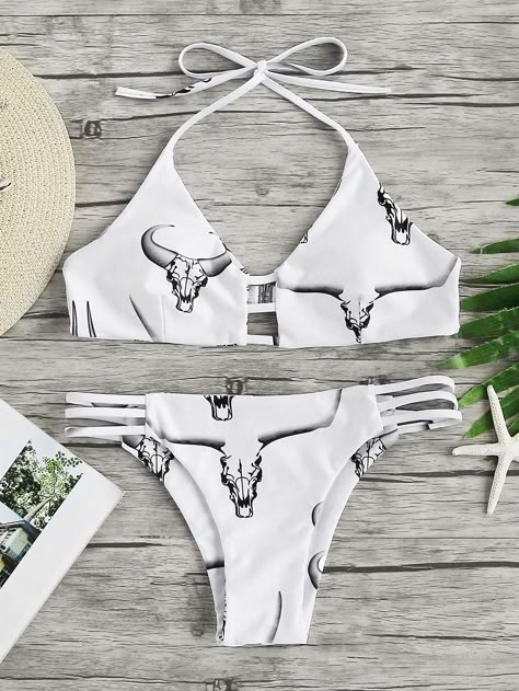 Bull Print Ladder Cut Out Bikini Set -SheIn(Sheinside) Mode Country, Casual Country Outfits, Bota Country, Southern Outfits, Country Style Outfits, Western Wear Outfits, Cute Country Outfits, Estilo Country, Country Girls Outfits