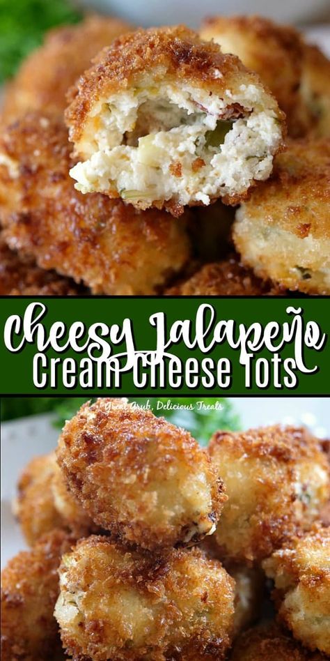 These Cheesy Jalapeno Cream Cheese Tots make a delicious appetizer, loaded with bacon, cream cheese, shredded cheese then fried to perfection. #appetizers #appetizerrecipes #delish #partyfood #gamedayappetizers #greatgrubdelicioustreats Fried Cream Cheese Balls, Green Appetizers Appetizer Ideas, Cream Cheese Savory Recipes, Savory Cream Cheese Recipes, Cheese Tots, Jalapeno Cream Cheese, Appetizer Bites, Cheese Balls, Finger Food Appetizers