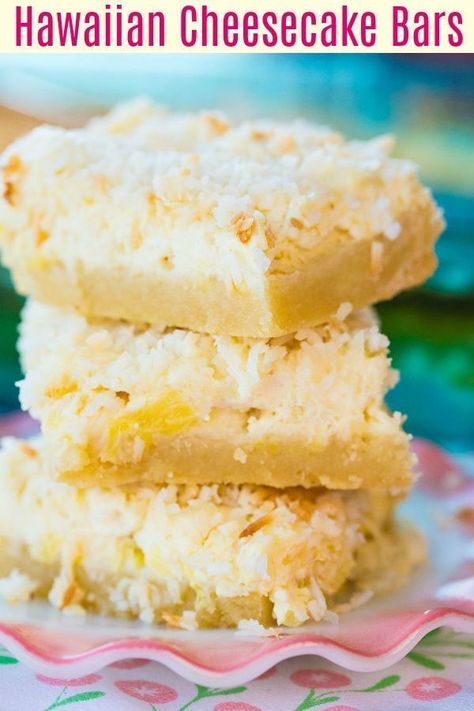 The old fashioned Hawaiian Cheesecake Bars have a shortbread crust followed by a pineapple cheesecake layer, topped with buttery toasted coconut!#pineapple #hawaiian #dessert #bars #squares #coconut #baking #cheesecake #creamcheese Hawaiian Dessert Recipes, Hawaiian Cheesecake, Hawaiian Dessert, Baking Cheesecake, Pineapple Cheesecake, Hawaiian Desserts, Cheesecake Layer, Coconut Baking, Pineapple Desserts