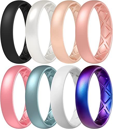 Egnaro Breathable Women Silicone Wedding Ring, Inner Arc Ergonomic Design Wedding Bands Anniversary Rings for Women - 4mm Wide 1.5mm Thick Silicone Promise Engagement Rings. PREMIUM SILICONE - The silicone rings for couples are all made of pure medical grade silicone.They’re comfortable,smooth,non-conductive and definitely safe for sensitive skin, not to be damaged from heavy work or strenuous exercise. Silicone Ring Women, Rubber Wedding Band, Silicone Wedding Ring, Silicone Wedding Band, Silicone Wedding Rings, Silicone Rings, Metallic Pink, Rose Lights, Metallic Blue