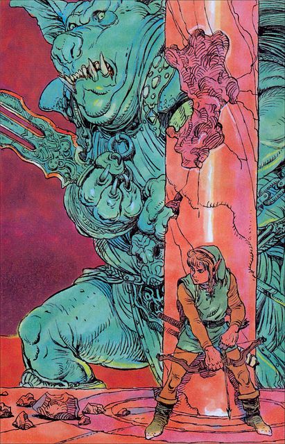 Link awaits an opening to strike Ganondorf. Amazing panel by Katsuya Terada! (Nintendo Power Player's Guide: The Legend of Zelda: A Link to the Past, 1992) Original Zelda, Link Loz, Terada Katsuya, Katsuya Terada, Concept Drawing, Link To The Past, 80s Art, Jean Giraud, Drawing Games