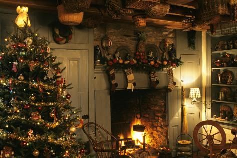 size: 12x8in Photographic Print: CHRISTMAS TREE AND COLONIAL STYLE FIREPLACE DECORATED WITH STOCKINGS by Panoramic Images :