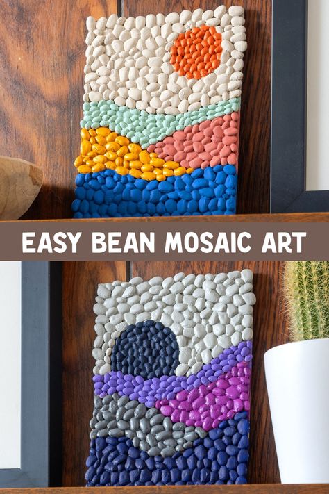 Beans Art Projects, Beans Mosaic Art, Arts And Crafts For Seniors Activities, Art Projects For All Ages, School Age Art Projects, Diy Art Classroom Decor, Bean Art Mosaic, Bean Mosaic Art For Kids, Craft Camp Ideas