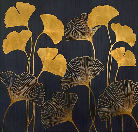 Ginko Paintings, Gingko Leaves Art, Ginko Pattern, Ginko Art, Fiori Art Deco, Ginkgo Art, Leaf Designs, Gold Leaf Art, Soyut Sanat Tabloları