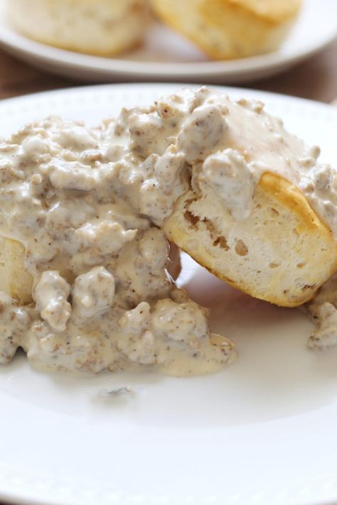 Creamy Biscuits and Sausage Gravy | Chef Elizabeth Reese Sausage And Gravy Biscuits, Gravy For Biscuits, Sausage And Gravy, Biscuits And Gravy Recipe, Gravy Biscuits, Biscuits And Sausage Gravy, Biscuits And Sausage, Homemade Gravy For Biscuits, Biscuits From Scratch