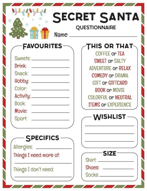 Christmas Gift Questionnaire, Gift Questionnaire, Wish List Template, Secret Santa List, Christmas Wish List Template, Secret Santa Questionnaire, Workplace Gifts, Office Secret Santa, Santa Wish List