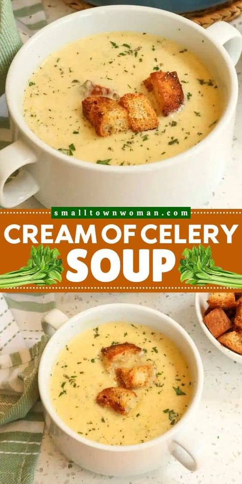 Nothing beats homemade cream of celery soup! Cooked in a creamy base that's seasoned with plenty of fresh herbs, it's such a cozy dinner idea. So, whip up a big pot of this comfort food recipe tonight! Cream Of Soup Mix Recipe, Homemade Cream Of Celery Soup, Carrot And Celery Soup, Cream Of Onion Soup, Cream Of Celery, Fall Soup, Homemade Soup Recipe, Cream Of Celery Soup, Celery Soup